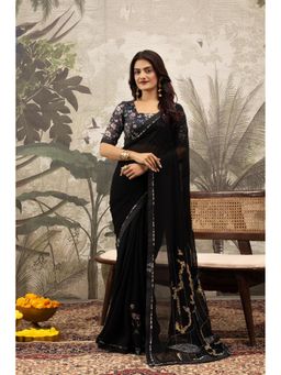 Sedora Couture - Women Georgette Embroidered Black Saree with Unstitched Blouse