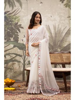 Sedora Couture - Women Georgette Embroidered White Saree with Unstitched Blouse