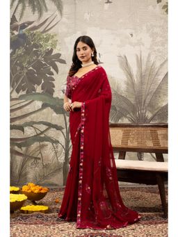 Sedora Couture - Women Georgette Embroidered Maroon Saree with Unstitched Blouse
