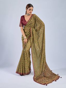 Sedora Couture - Women Chiffon Printed Olive Saree with Unstitched Blouse