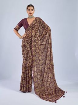 Sedora Couture - Women Chiffon Printed Wine Saree with Unstitched Blouse