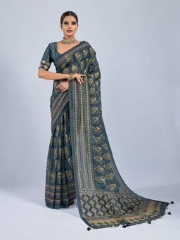 Sedora Couture - Women Chiffon Printed Teal Saree with Unstitched Blouse