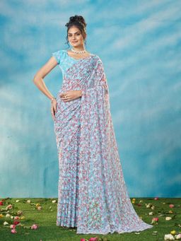 Garden VARELI - Women Viscose Brasso Floral Blue Saree with Unstitched Blouse