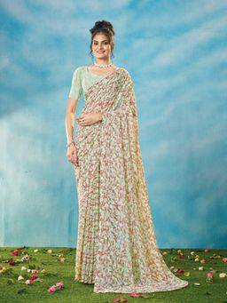 Garden VARELI - Women Viscose Brasso Floral Printed Green Saree with Unstitched Blouse