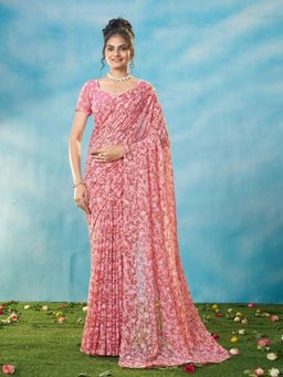 Garden VARELI - Women Viscose Brasso Floral Printed Pink Saree with Unstitched Blouse