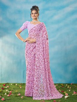 Garden VARELI - Women Viscose Brasso Floral Printed Purple Saree with Unstitched Blouse