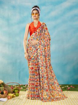 Garden VARELI - Women Chiffon Floral Printed Multicolor Saree with Unstitched Blouse