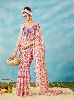 Garden VARELI - Women Chiffon Floral Printed Lavender Saree with Unstitched Blouse