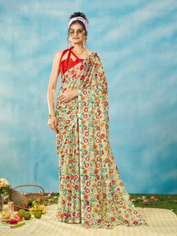 Garden VARELI - Women Chiffon Floral Printed Green Saree with Unstitched Blouse