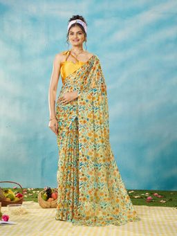 Garden VARELI - Women Chiffon Floral Printed Multi Color Saree with Unstitched Blouse