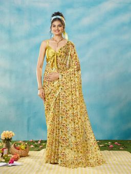 Garden VARELI - Women Chiffon Floral Printed Yellow Saree with Unstitched Blouse