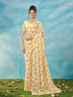 Garden VARELI - Women Viscose Brasso Floral Printed Yellow Saree with Unstitched Blouse