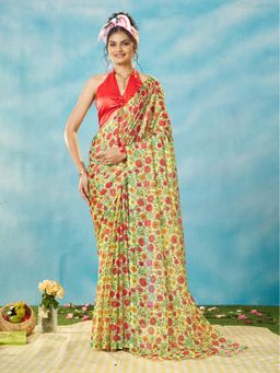 Garden VARELI - Women Chiffon Floral Printed Green Saree with Unstitched Blouse