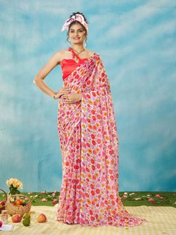 Garden VARELI - Women Chiffon Floral Printed Pink Saree with Unstitched Blouse