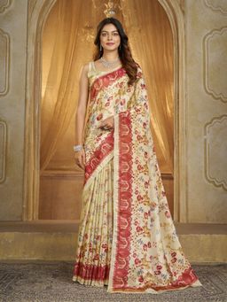 Garden VARELI - Women Tissue Silk Floral Printed Cream Saree with Unstitched Blouse