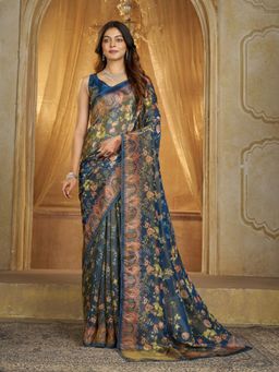 Garden VARELI - Women Tissue Silk Floral Printed Blue Saree with Unstitched Blouse