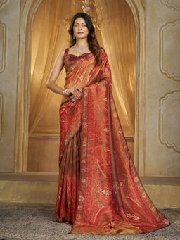 Garden VARELI - Women Tissue Silk Paisley Printed Burgundy Saree with Unstitched Blouse