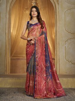 Garden VARELI - Women Tissue Silk Paisley Printed Blue Saree with Unstitched Blouse