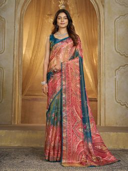Garden VARELI - Women Tissue Silk Paisley Printed Teal Saree with Unstitched Blouse