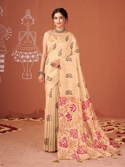 Garden VARELI - Women Catbul Silk Floral Beige Saree with Unstitched Blouse