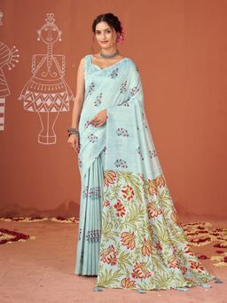 Garden VARELI - Blue Women Catbul Silk Floral Printed Saree with Unstitched Blouse