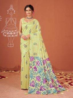 Garden VARELI - Women Catbul Silk Floral Printed Green Saree with Unstitched Blouse