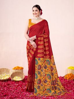 Garden VARELI - Women Catbul Silk Paisley Printed Red Saree with Unstitched Blouse