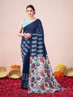 Garden VARELI - Women Catbul Silk Paisley Printed Navy Blue Saree with Unstitched Blouse