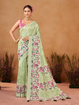 Garden VARELI - Women Catbul Silk Floral Printed Green Saree with Unstitched Blouse
