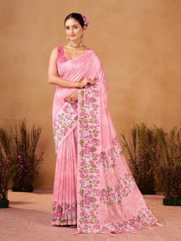Garden VARELI - Women Catbul Silk Floral Printed Pink Saree with Unstitched Blouse