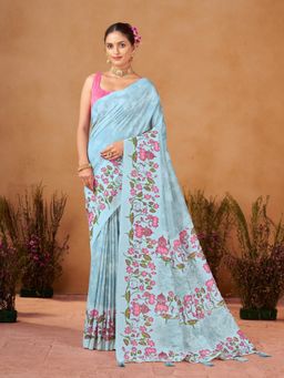 Garden VARELI - Women Catbul Silk Floral Printed Blue Saree with Unstitched Blouse