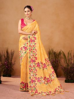 Garden VARELI - Women Catbul Silk Floral Printed Orange Saree with Unstitched Blouse