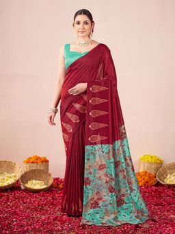 Garden VARELI - Women Catbul Silk Paisley Printed Burgundy Saree with Unstitched Blouse