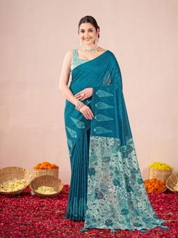 Garden VARELI - Women Catbul Silk Paisley Printed Teal Saree with Unstitched Blouse
