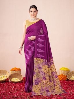 Garden VARELI - Women Catbul Silk Paisley Printed Purple Saree with Unstitched Blouse