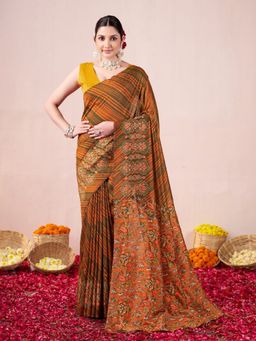 Garden VARELI - Women Catbul Silk Floral Printed Orange Saree with Unstitched Blouse