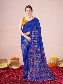 Garden VARELI - Women Catbul Silk Floral Printed Blue Saree with Unstitched Blouse
