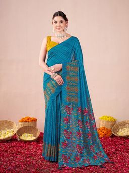 Garden VARELI - Women Catbul Silk Floral Printed Teal Saree with Unstitched Blouse
