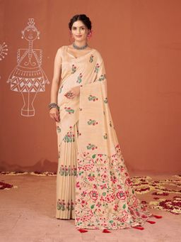 Garden VARELI - Women Catbul Silk Floral Printed Beige Saree with Unstitched Blouse