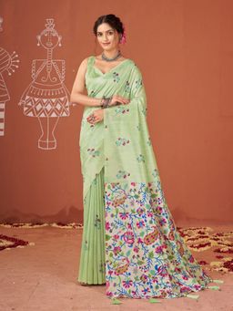 Garden VARELI - Catbul Silk Floral Printed Green Saree with Unstitched Blouse