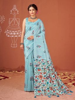 Garden VARELI - Blue Women Catbul Silk Floral Saree with Unstitched Blouse