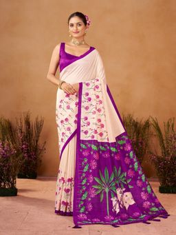 Garden VARELI - Women Catbul Silk Floral Printed Purple Saree with Unstitched Blouse