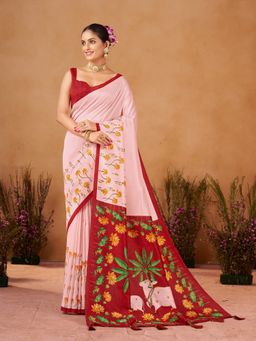 Garden VARELI - Women Catbul Silk Floral Printed Red Saree with Unstitched Blouse