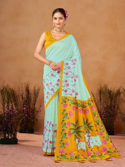 Garden VARELI - Blue Women Catbul Silk Floral Printed Saree with Unstitched Blouse