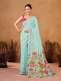 Garden VARELI - Blue Women Catbul Silk Floral Printed Saree with Unstitched Blouse