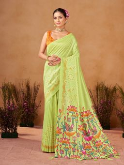 Garden VARELI - Women Catbul Silk Floral Printed Green Saree with Unstitched Blouse