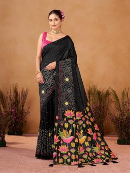Garden VARELI - Women Catbul Silk Floral Printed Black Saree with Unstitched Blouse