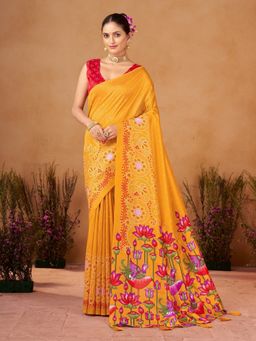 Garden VARELI - Women Catbul Silk Floral Printed Orange Saree with Unstitched Blouse