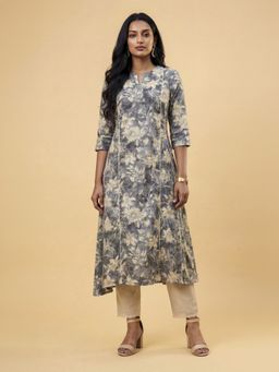 VISMAY - Women Grey Modal Flared Floral Kurti