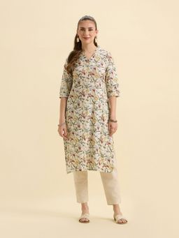 VISMAY - Women Ivory Cotton Straight Floral Kurti